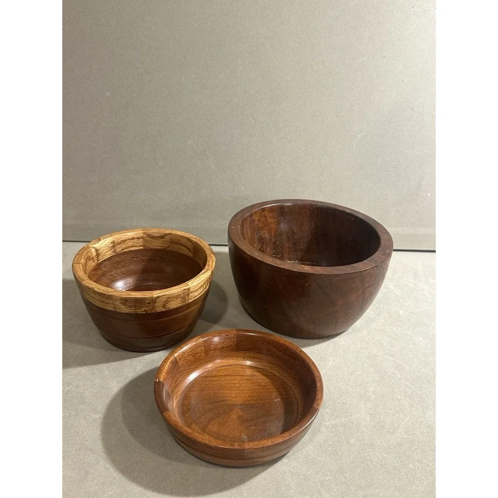 Vintage Wooden Handmade‎ Bowl/dish Lot Of 3